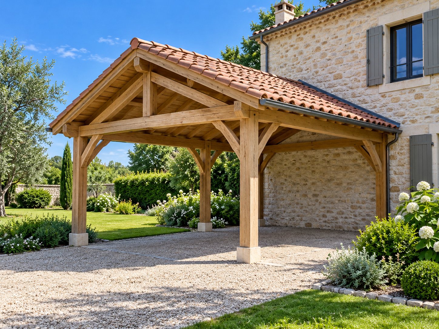 Préau en bois et tuiles contre une maison en pierre