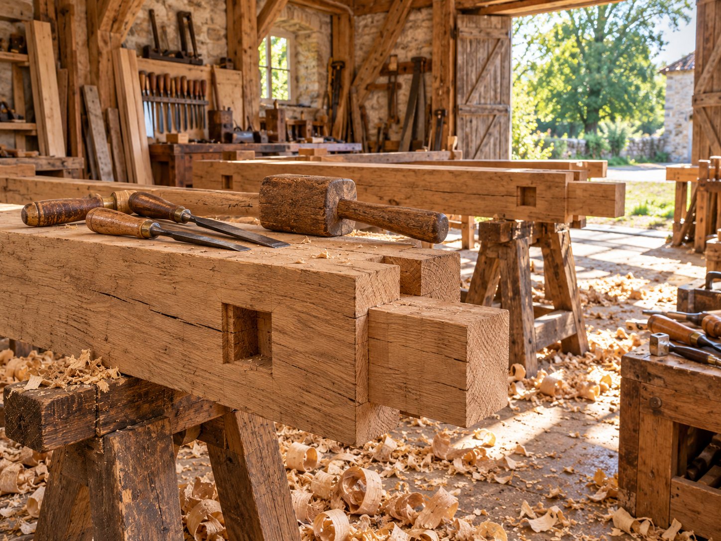 Atelier de charpentier : poutre en chêne avec mortaise, outils et copeaux