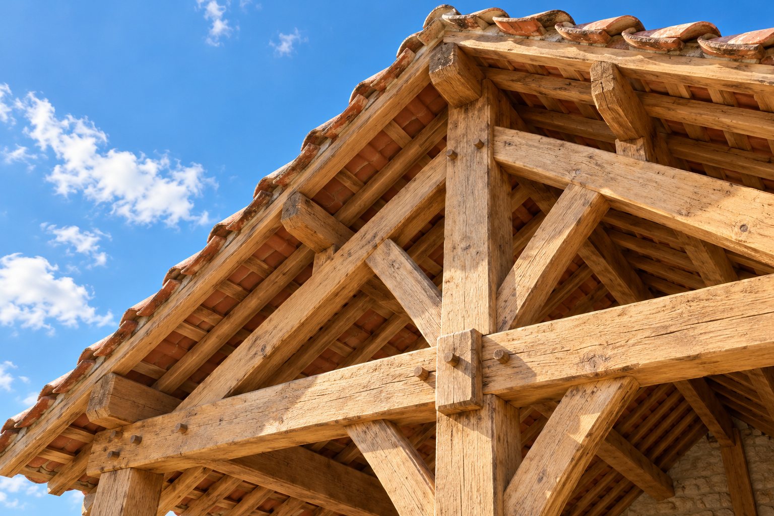 Ferme de charpente traditionnelle en chêne sous une couverture en tuiles, ciel bleu