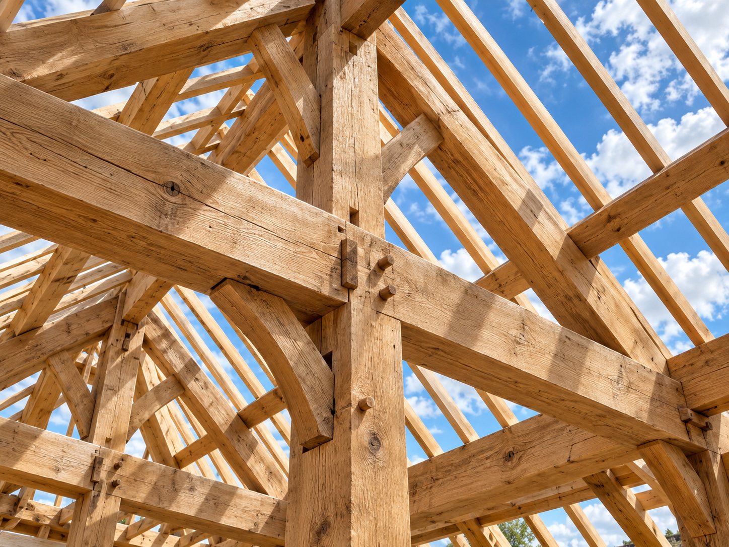 Charpente traditionnelle en bois, poutres assemblées et chevrons