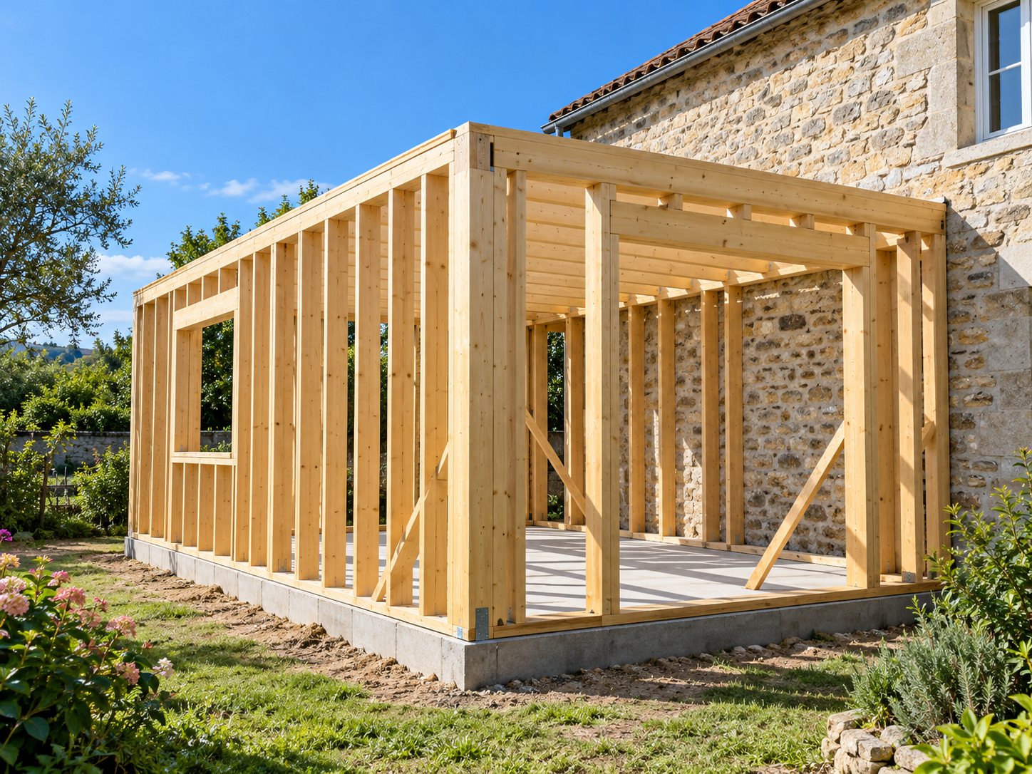 Ossature bois d’une extension de maison, contre un mur en pierre