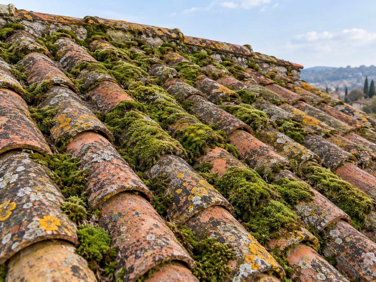 Toiture en tuiles couverte de mousse et de lichens avant démoussage
